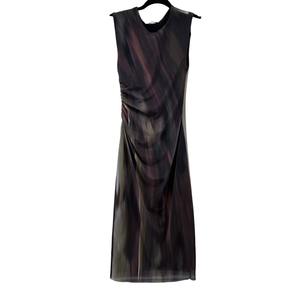 Zara Brown Abstract Print Mesh Midi Dress Sleeveless Ruched Side Size Small - Picture 2 of 6